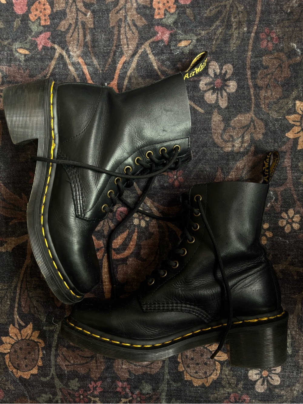 Dr. Martens Black Leather 8-Eye Lace-Up Boots with Yellow Stitching